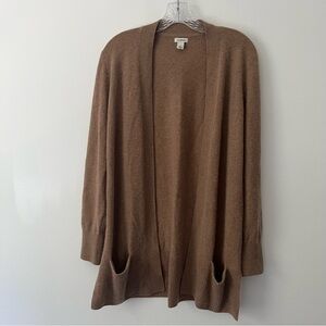 LL Bean Classic 100% Cashmere Open Front Cardigan Sweater Pockets Tan Brown L